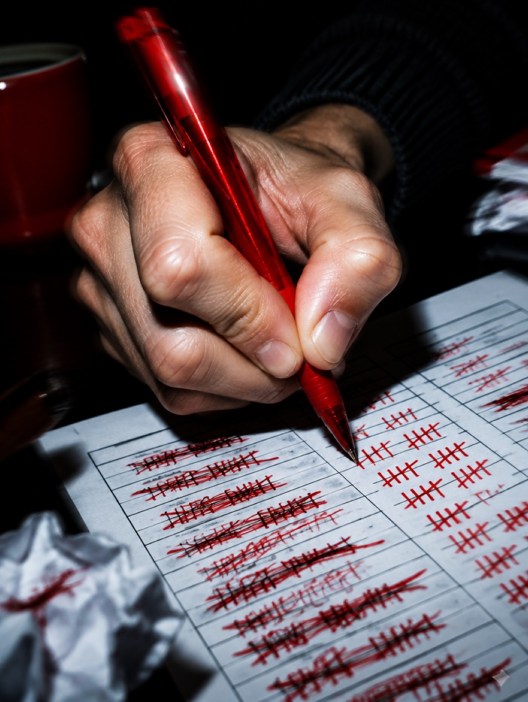 A hand gripping a red pen over a printed form full of tally marks and crossings-out.