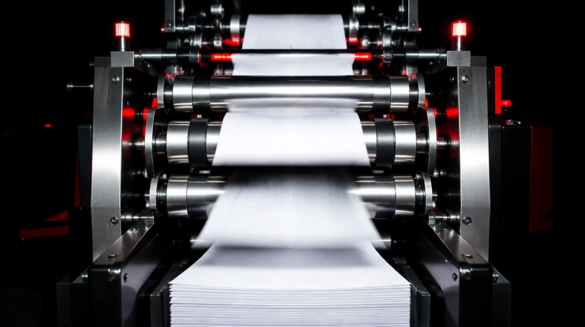 A high-speed document feeder pulling white sheets through polished steel rollers, red indicator lights on.