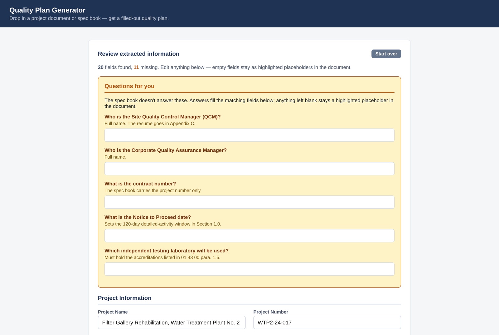 The review screen, listing only the questions the spec book does not answer.