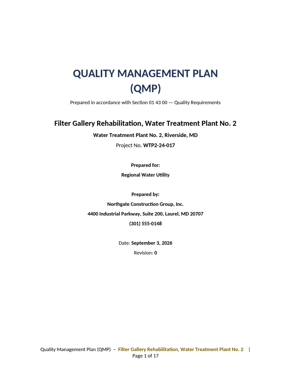 Cover page of a generated quality management plan.