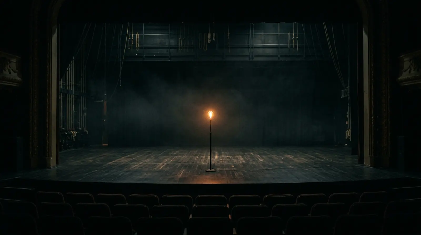 An empty theatre stage at night, lit only by a single ghost light.